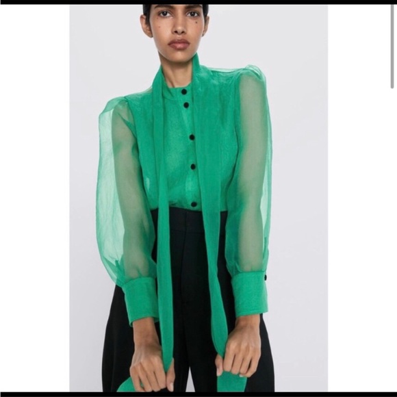 Zara green sheet organza blouse pussy bow dramatic chic S - Picture 8 of 12